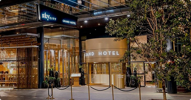 Elegant hotel facade with stylish lighting